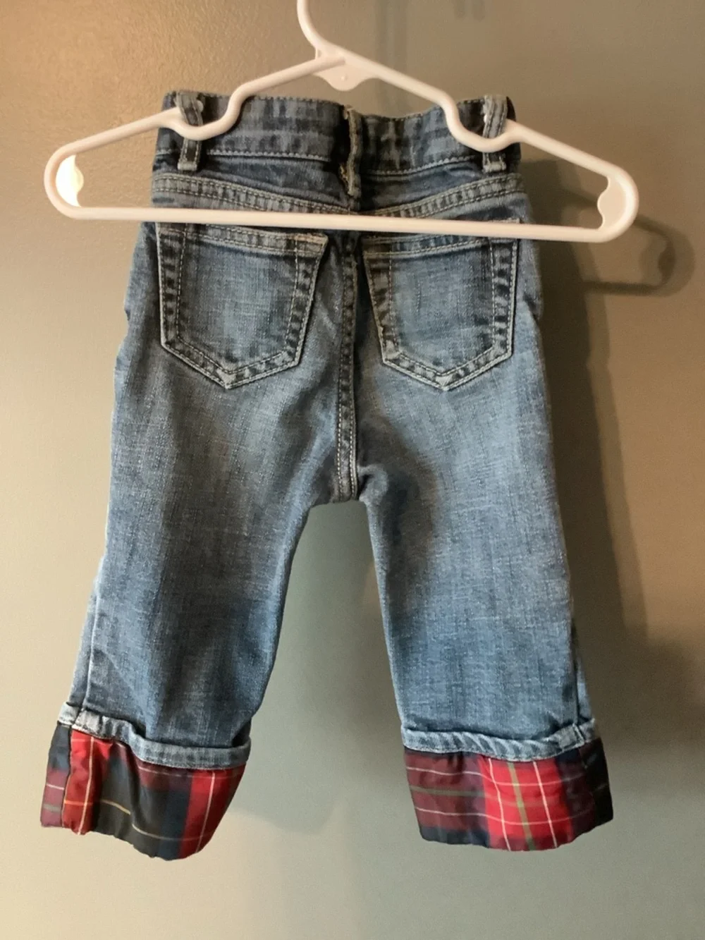 Baby Gap 12-18 months Denim Jeans with Red Plaid Cuff. EUC.